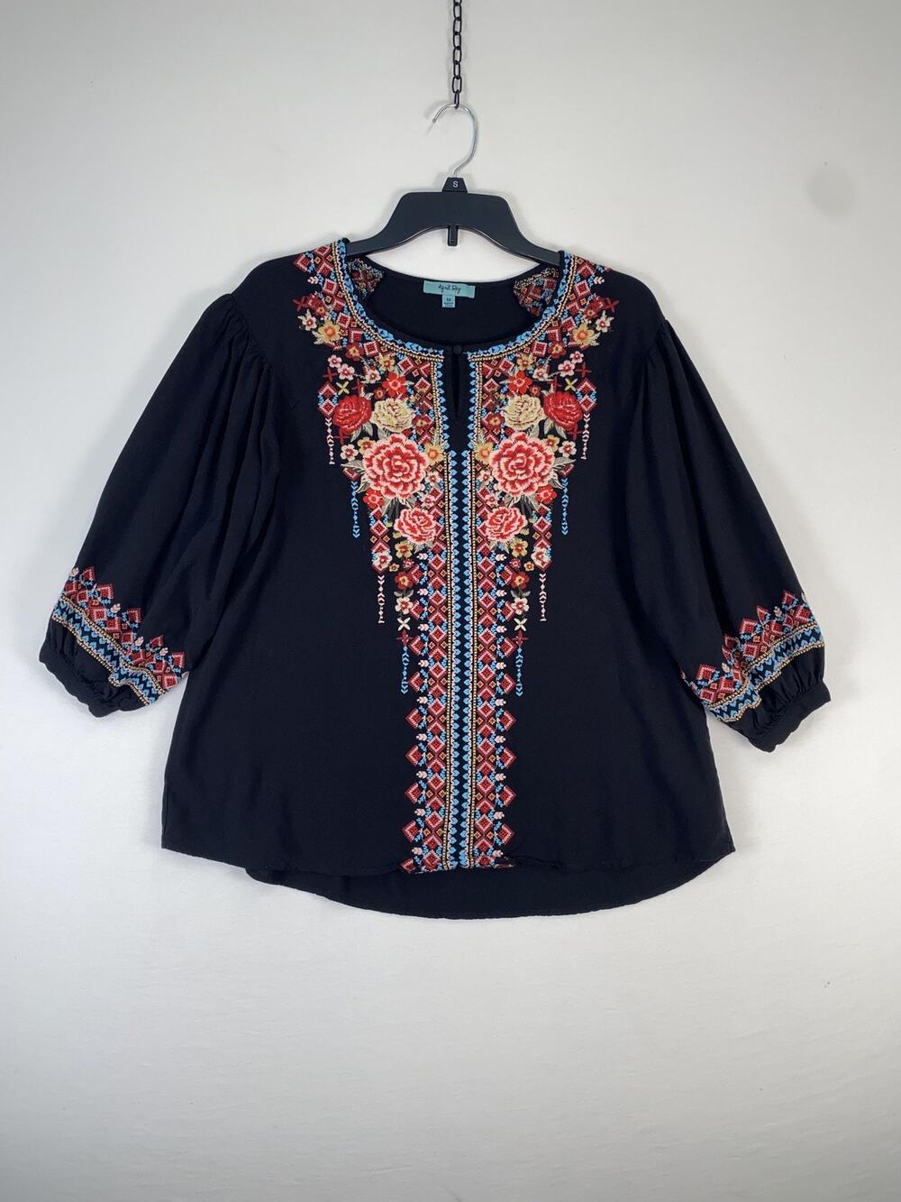 April Sky Blouse Womens Medium Black Floral Embroidered 3/4 Sleeve Boho Top